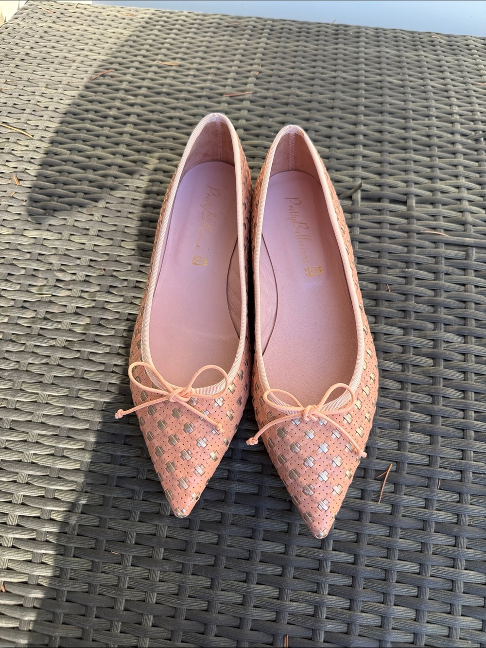Pretty Ballerinas Pointed Toe Bow Flats with Metallic Accents 39